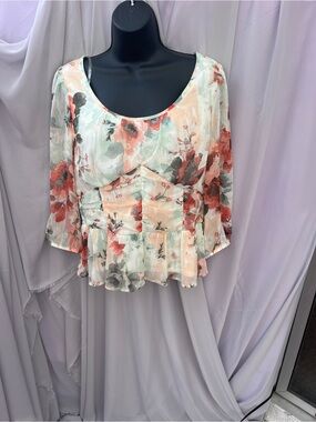 Floral Scoop-Neck Peplum Blouse in Peach & Mint